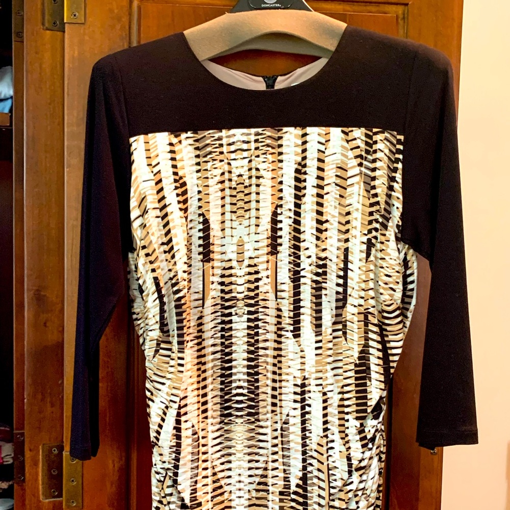 Ruched black/neutral print 3/4 sleeve dress